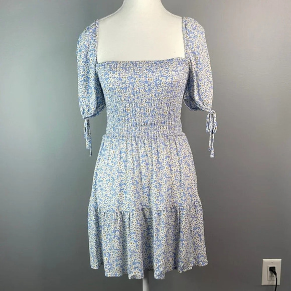 Y2K AEROPOSTALE Floral Mini Dress Blue Tier Off The Shoulder Smock Ditsy S - Picture 11 of 11